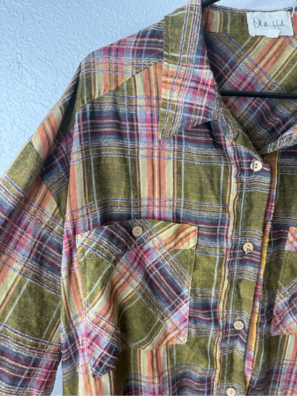 Oli & Hali Plaid Tiered Button Front Shacket Shirt Olive Purple Raw Hem Size M - Picture 4 of 11
